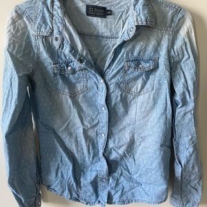 Ombré blue button down shirt with white poka dots